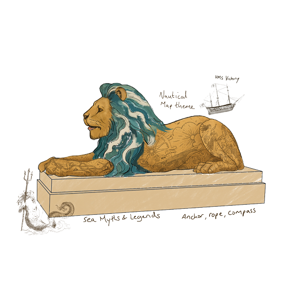 A reclining lion sculpture with a nautical theme, featuring a teal mane, engraved map‑style illustrations, ships, and sea symbols, shown as a detailed concept drawing on a pale base.