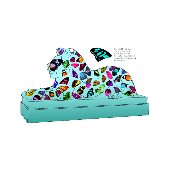 A reclining lion sculpture in pale turquoise, covered with brightly coloured butterfly shapes and nature motifs, resting on a matching rectangular base.